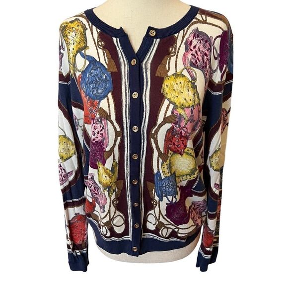 Talbots Petites Tassels + Teapots Long Sleeve Button Front Cardigan Large LP - Picture 1 of 8